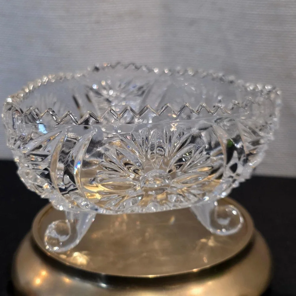 Vintage American Brilliant Cut Glass Heart Shaped Bowl Footed Candy Trinket Dish